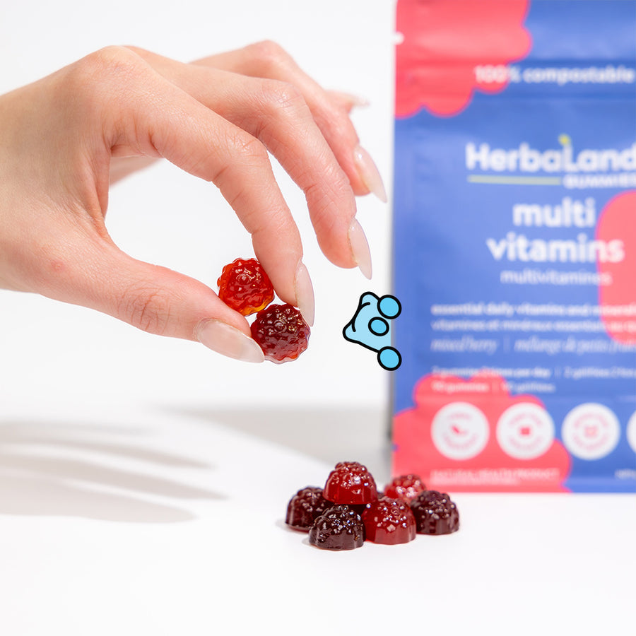 A picture of herbaland gummies with a pouch of multivitamins for essential vitamins and minerals with mixed berry flavor for adults