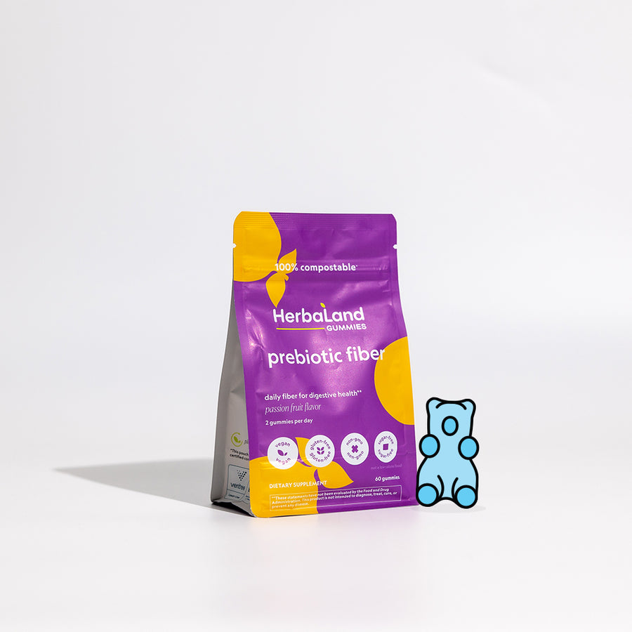 A pouch of Herbaland's prebiotic fiber gummies in passion fruit flavor