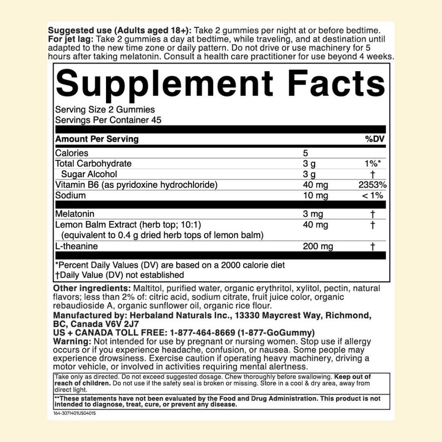 Herbaland Sweet Dreams Nutrition Facts