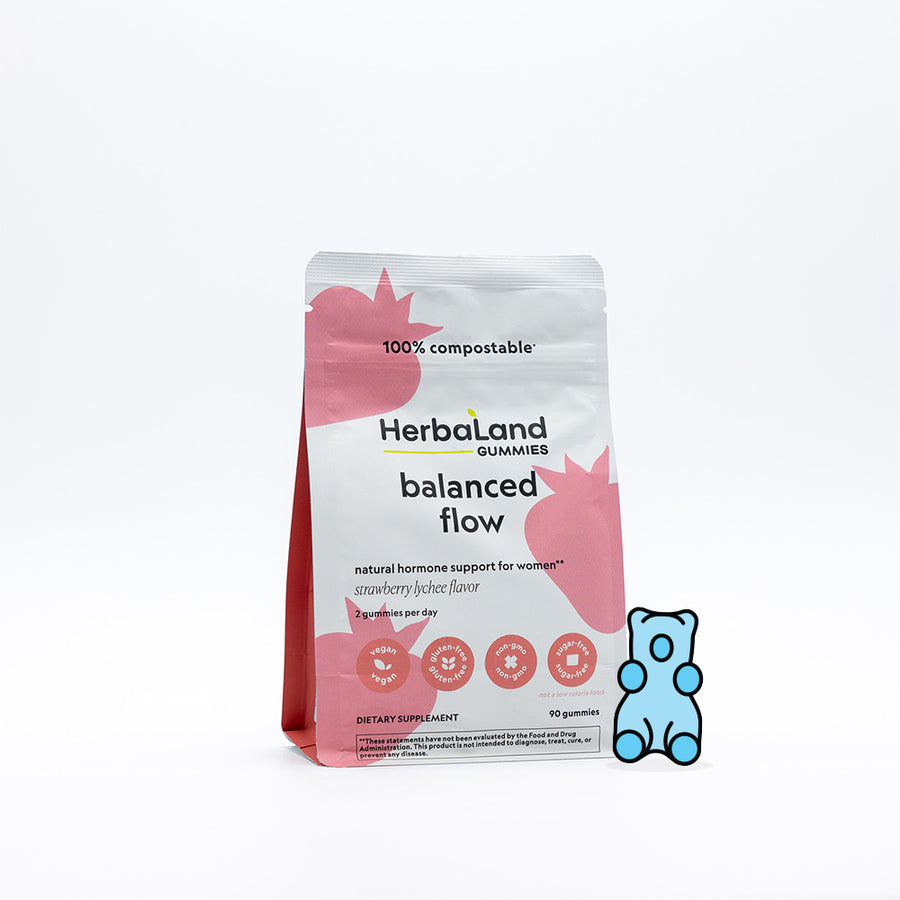 A pouch of Herbaland's balanced flow gummies in strawberry lychee flavor