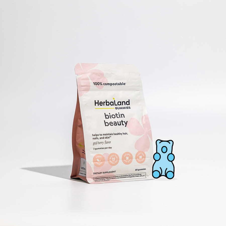 A pouch of Herbaland's biotin beauty gummies in goji berry flavor