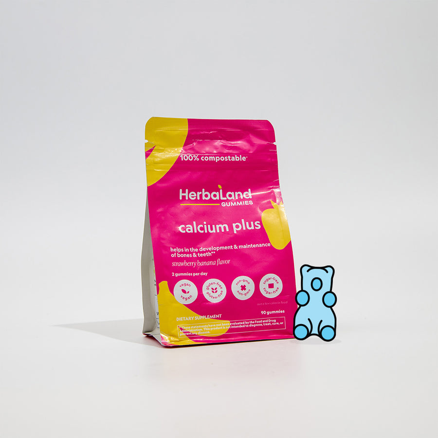 A pouch of Herbaland's calcium plus gummies for kids in strawberry banana flavor