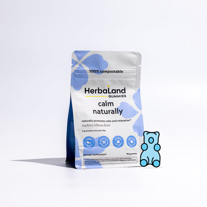 A pouch of Herbaland's calm naturally gummies in raspberry hibiscus flavor