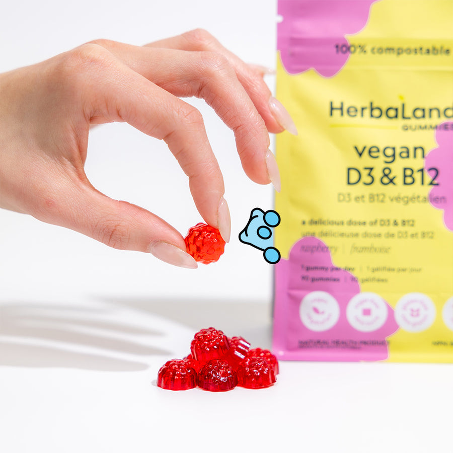 A person holding herbaland's vegan d3&b12 gummies with rasberry flavor