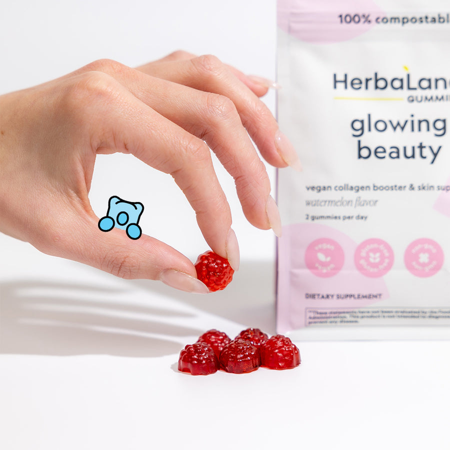 Person holding herbaland gummies, with glowing beauty pouch for a vegan source of collagen booster for better skin for women with watermelon flavor