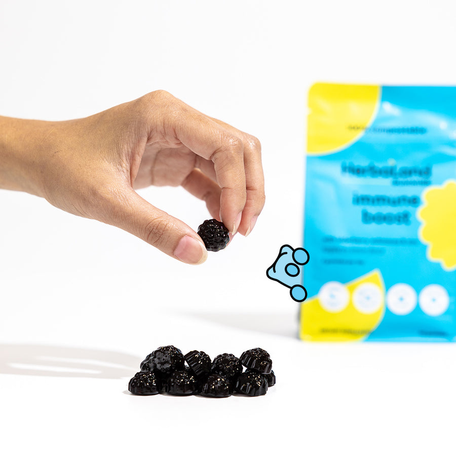 A person holding herbaland vitamin gummies with immune boost pouch for adults with raspberry lemon flavor in the back