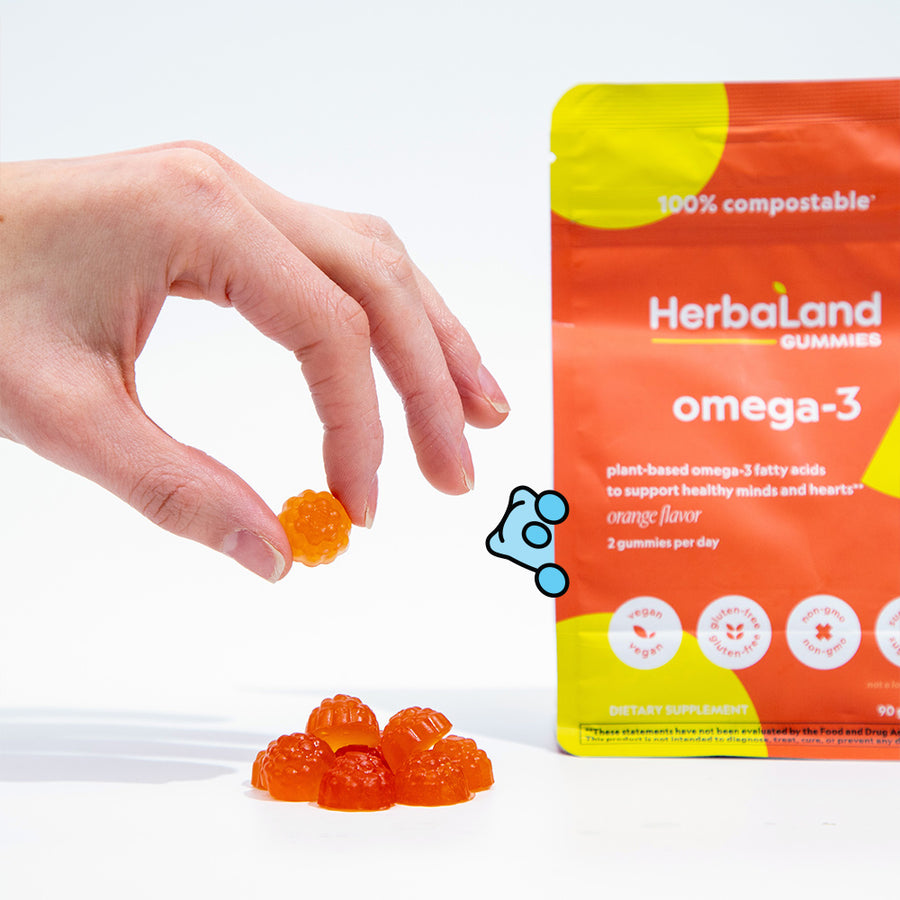 A picture of herbaland gummies with omega 3 pouch at the back to support healthy minds and hearts with orange flavor