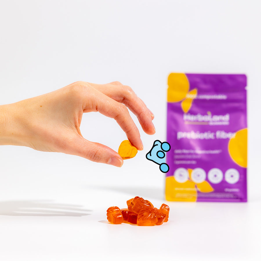 A picture of herbaland gummy with prebiotic flavor for adults with passion fruit flavor