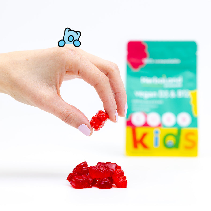 A picture of herbaland gummies with a pouch of vegan d3 b12 for kids with cherry watermelon flavor