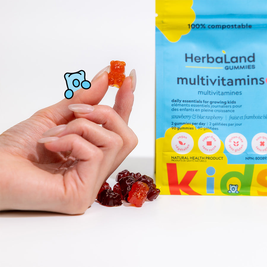 A picture of herbaland multivitamins for daily essentials for growing kids with strawberry and blue raspberry flavor for kids