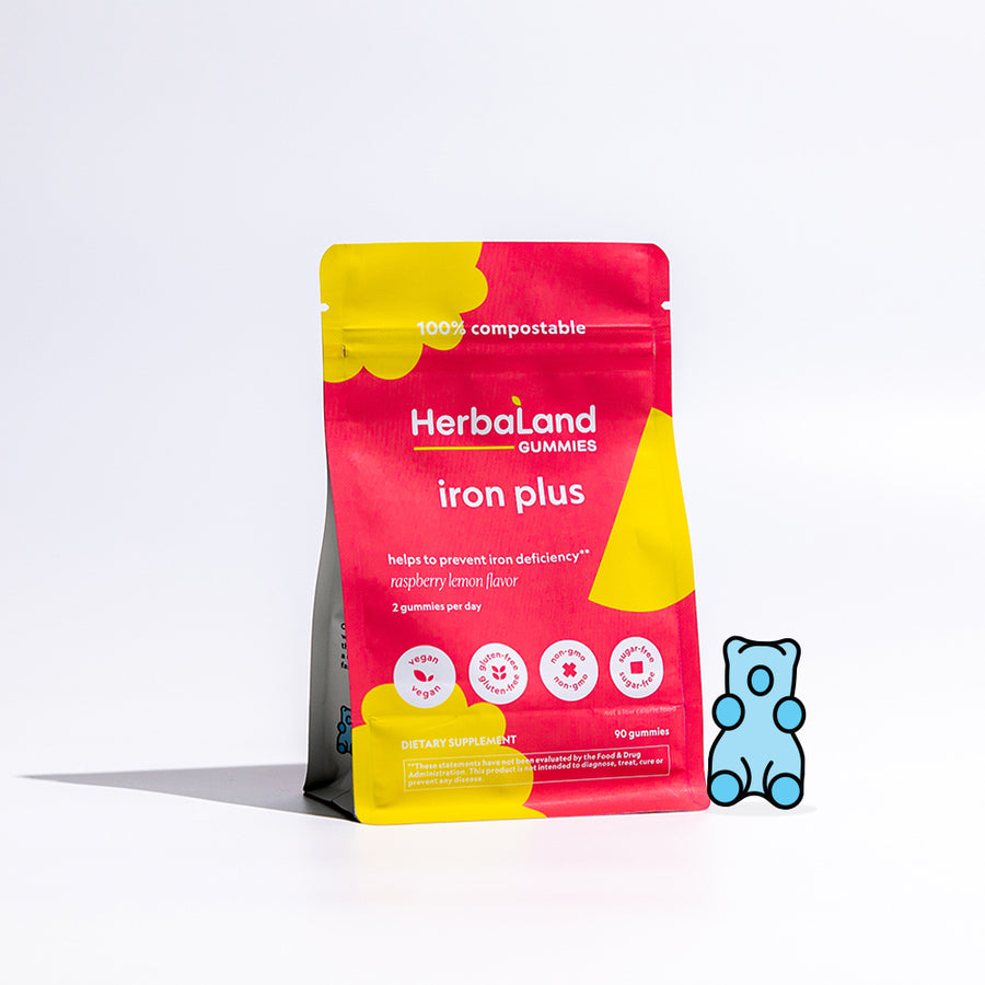 Vitamin gummies pouch of iron plus to help to prevent iron deficiency for adults with raspberry lemon flavor