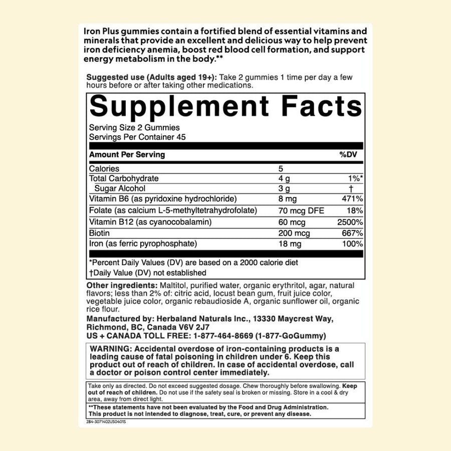 Herbaland Iron Plus Nutrition Facts