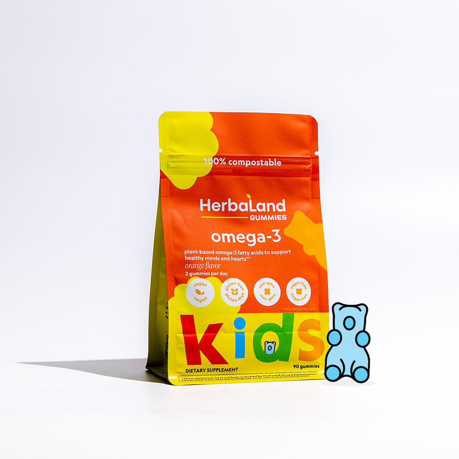 A pouch of Herbaland's omega-3 gummies for kids in orange flavor