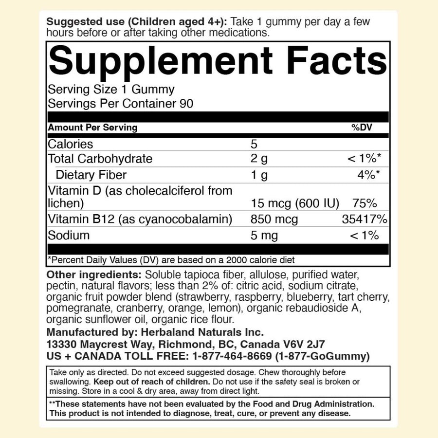 Herbaland Kids Vegan D3 and B12 Nutrition Facts