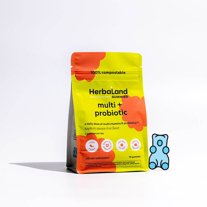 A pouch of herbaland multi+probiotic gummies for a daily dose of multivitamins and probiotics with raspberry passion fruit flavor