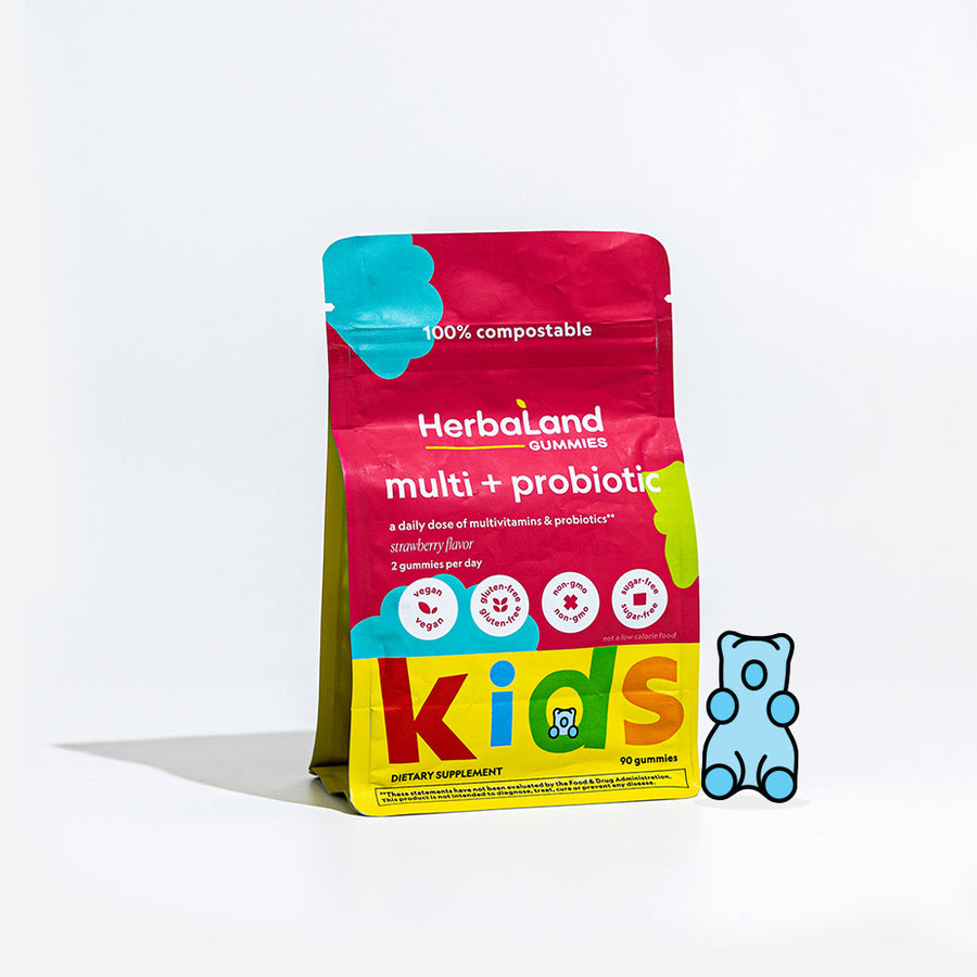 A pouch of herbaland multi+probiotic for kids for a daily dose of multivitamins and probiotics with strawberry flavor