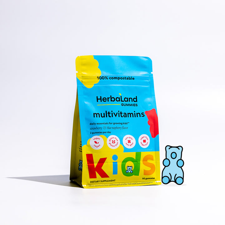 A pouch of herbaland multivitamin gummies for daily essentials for growing kids with strawberry and blue raspberry flavor for kids