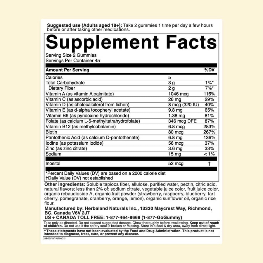 Herbaland Multivitamins for Adults Nutrition Facts