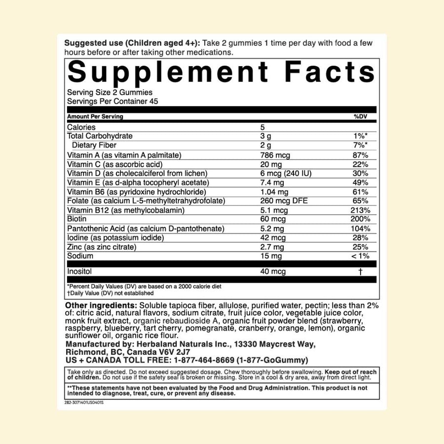 Herbaland Multivitamins for Kids Nutrition Facts