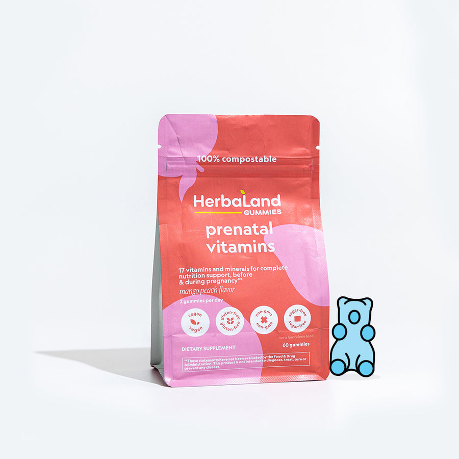 A pouch of herbaland prenatal vitamin gummies for adults with mango peach flavor for complete nutrition support before and during pregnancy