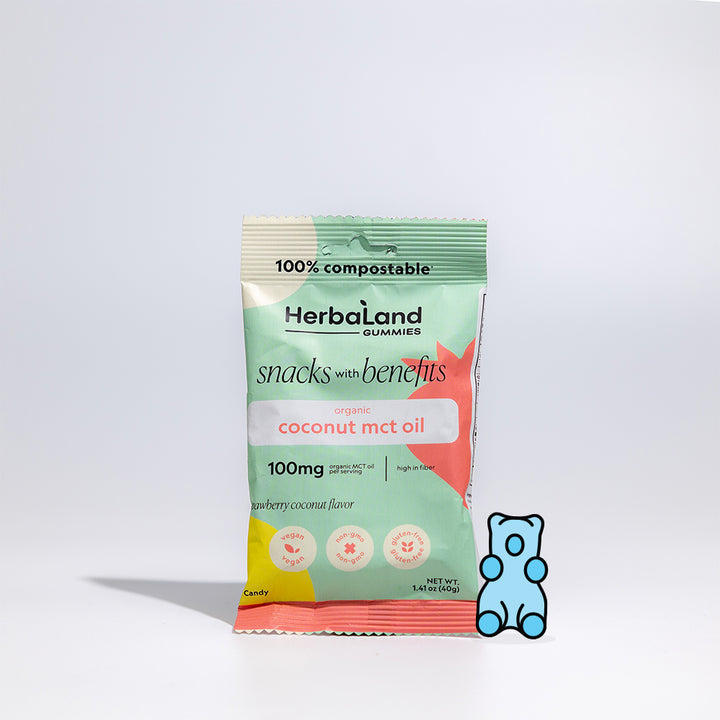 A pouch of Herbaland's coconut mct oil snack gummies in strawberry coconut flavor