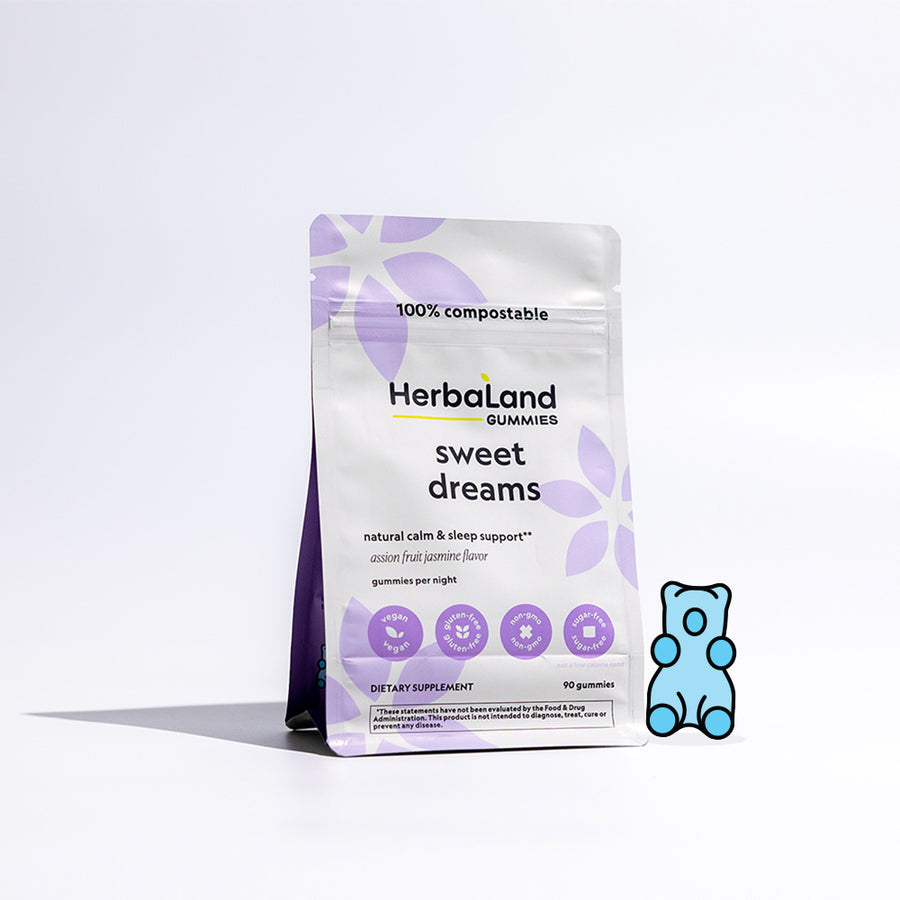 A pouch of herbaland sweet dreams gummies that promotes relaxation and increases sleep time for adults with passion fruit and jasmine flavor