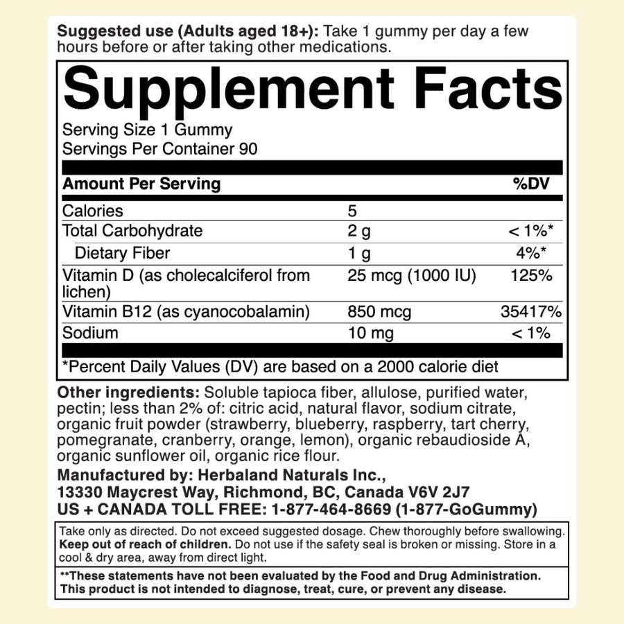 Herbaland Vegan D3 and B12 Nutrition facts