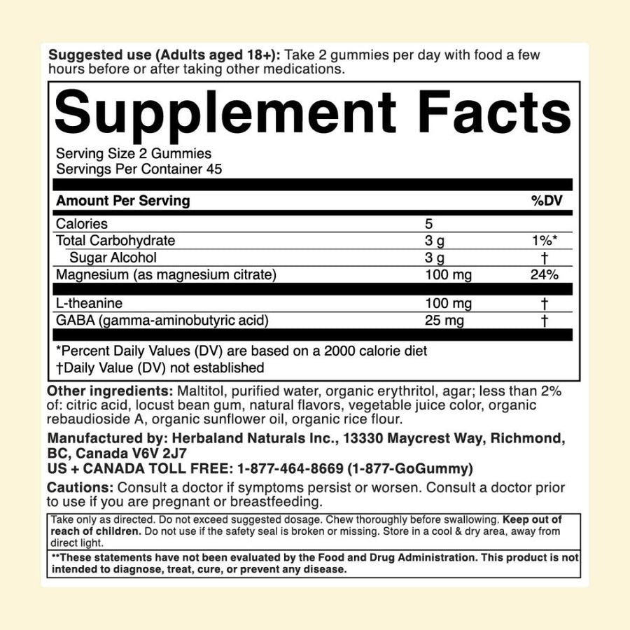 Herbaland Calm Naturally Nutrition Facts