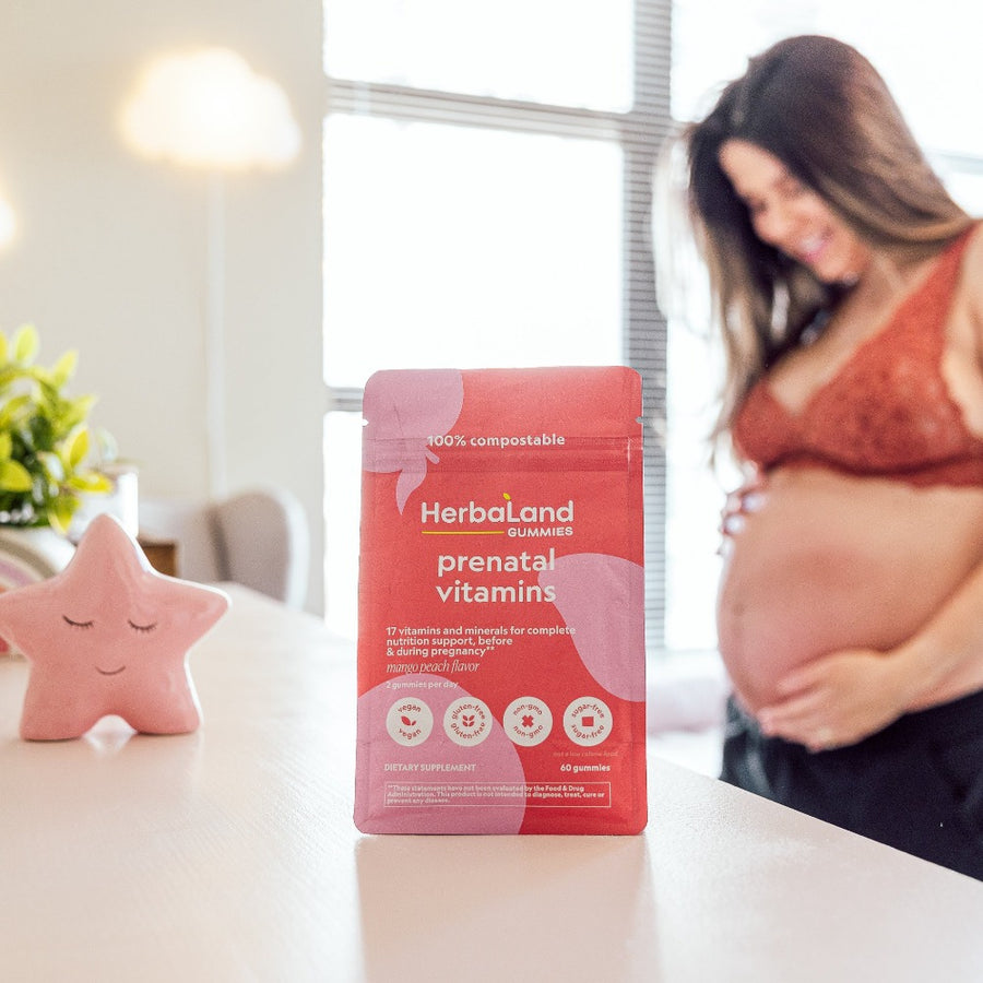a lifestlye picture of herbaland gummies of 17 vitamins and minerals for complete nutrition support, before and during pregnancy with mango peach flavor 